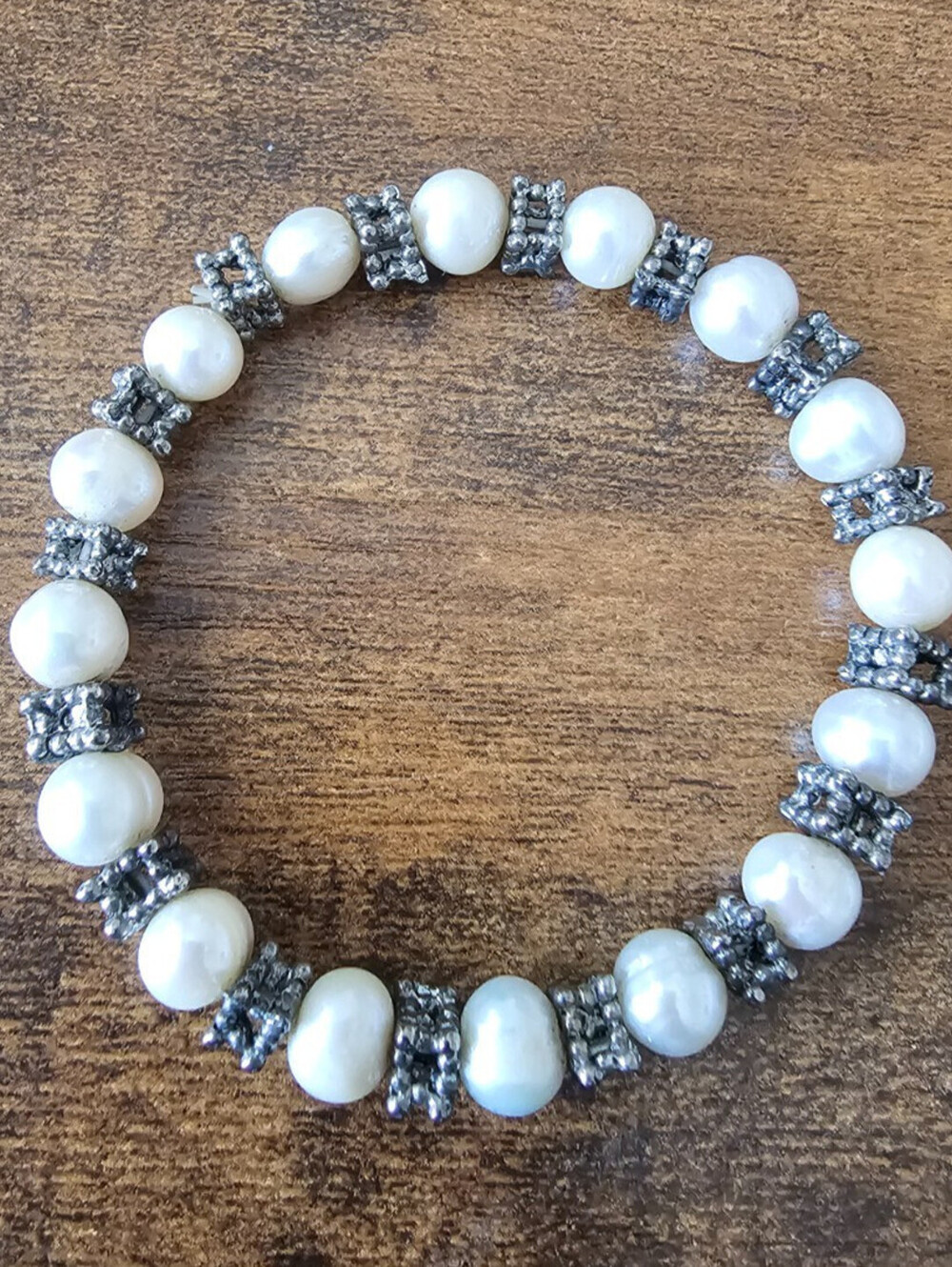 Vintage faux pearl and disco ball Silver Tone bead stretch bracelet